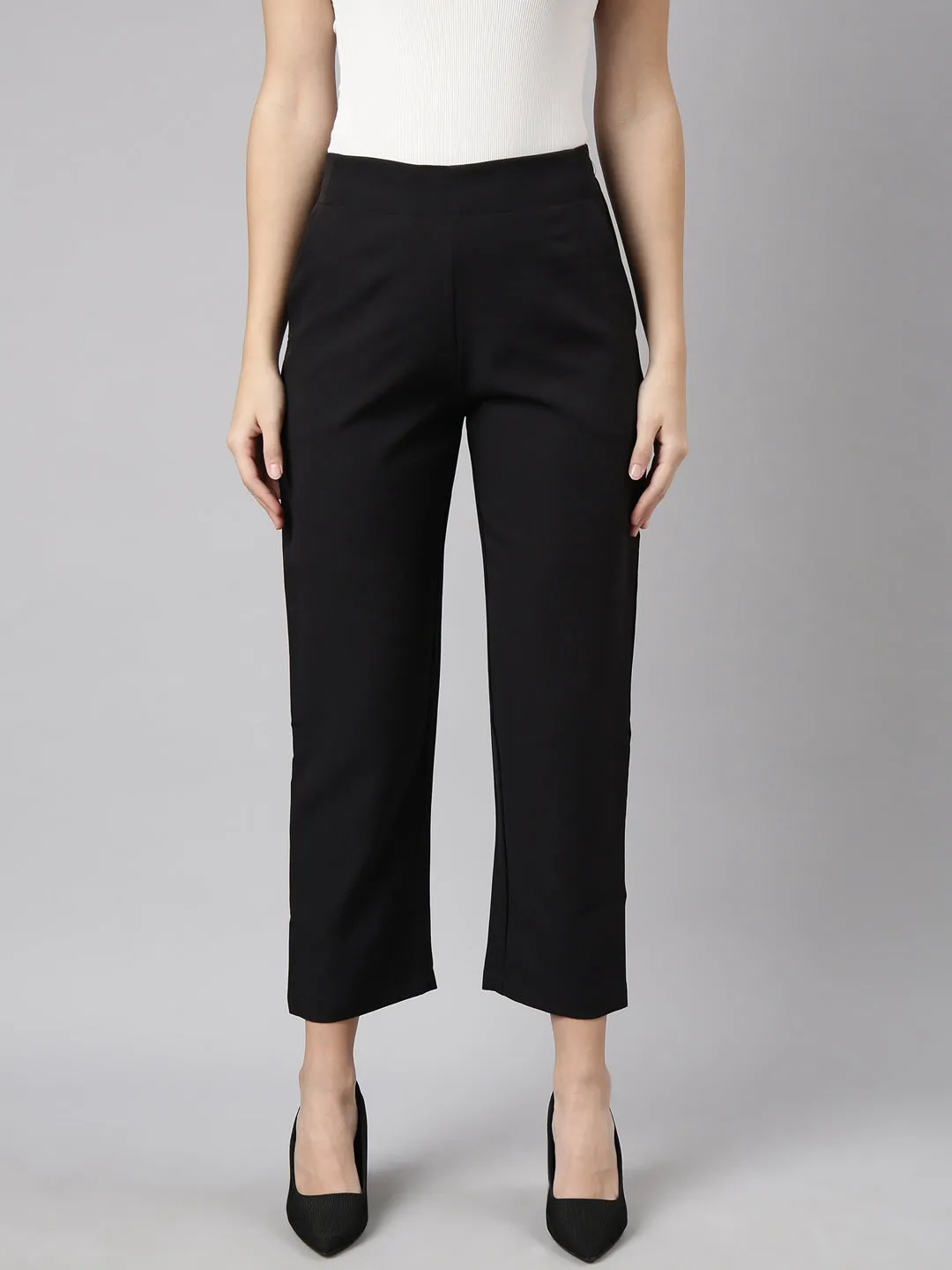 Women Black Regular Fit Cotton Comfort Formal Trousers