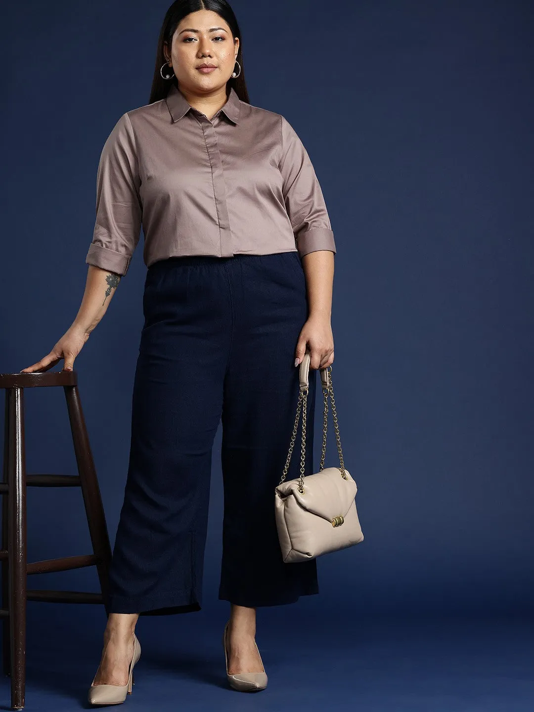Women Dusty Mauve Solid Pure Cotton Satin Plus Size Formal Shirt