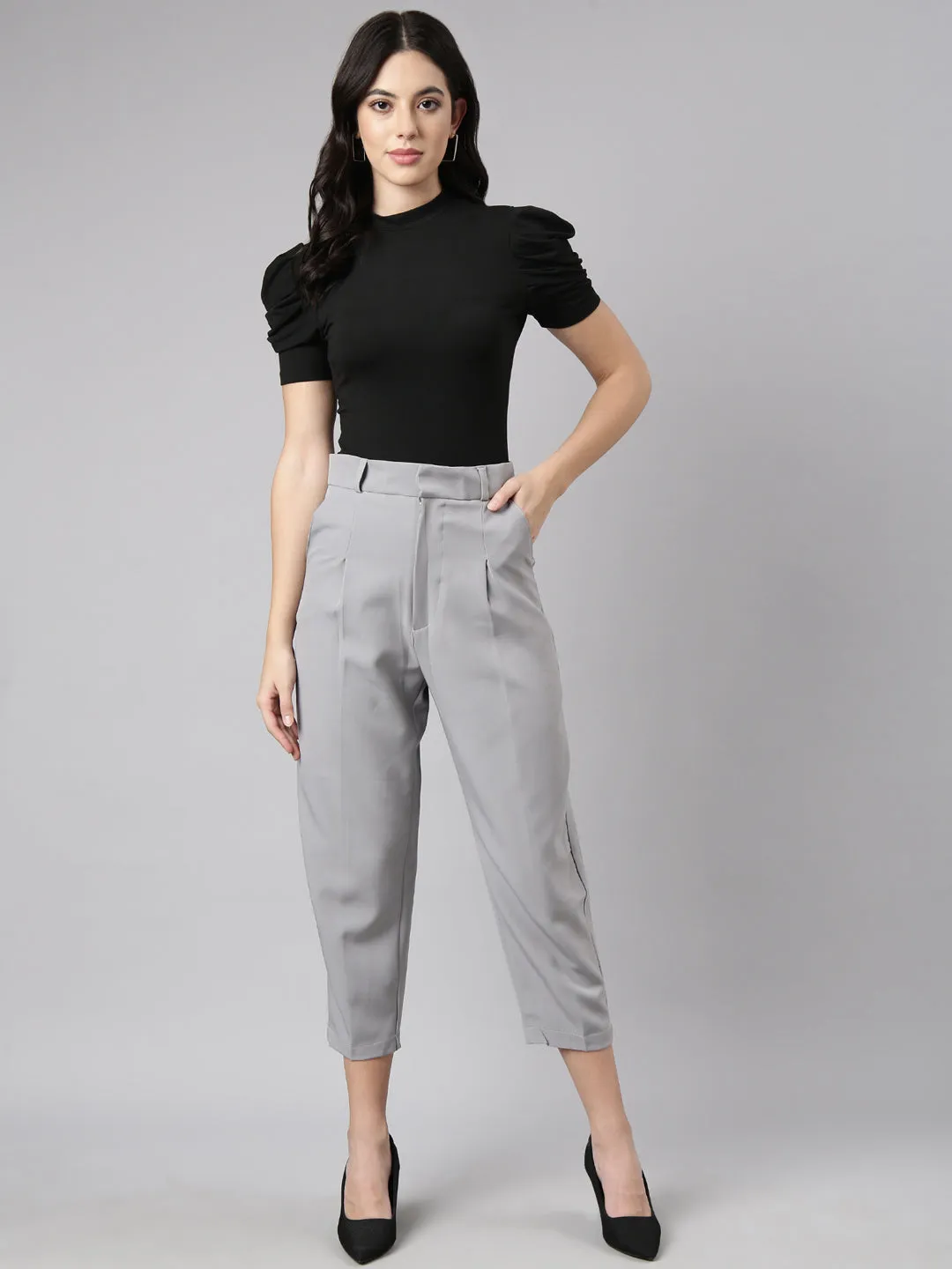 Women Grey Comfort Regular Fit Cotton Formal Trouser