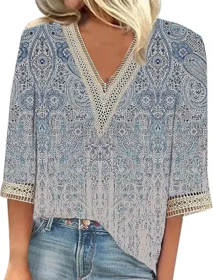 Women's 3/4 Sleeve Loose Printed Top Deep V Neck Casual Vacation Women's 3/4 Sleeve Shirt with Work Pants