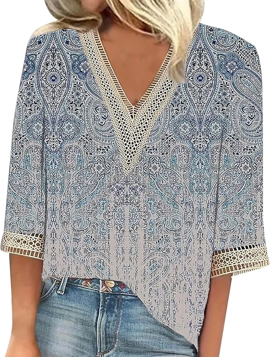 Women's 3/4 Sleeve Loose Printed Top Deep V Neck Casual Vacation Women's 3/4 Sleeve Shirt with Work Pants