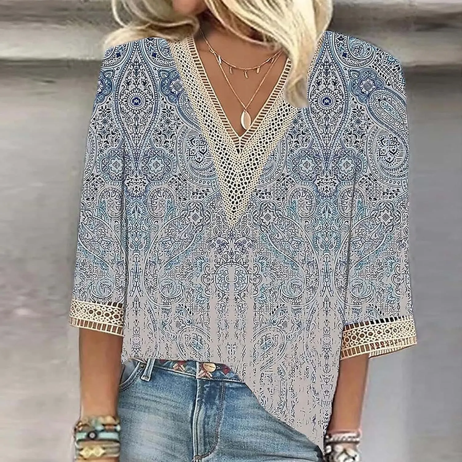 Women's 3/4 Sleeve Loose Printed Top Deep V Neck Casual Vacation Women's 3/4 Sleeve Shirt with Work Pants