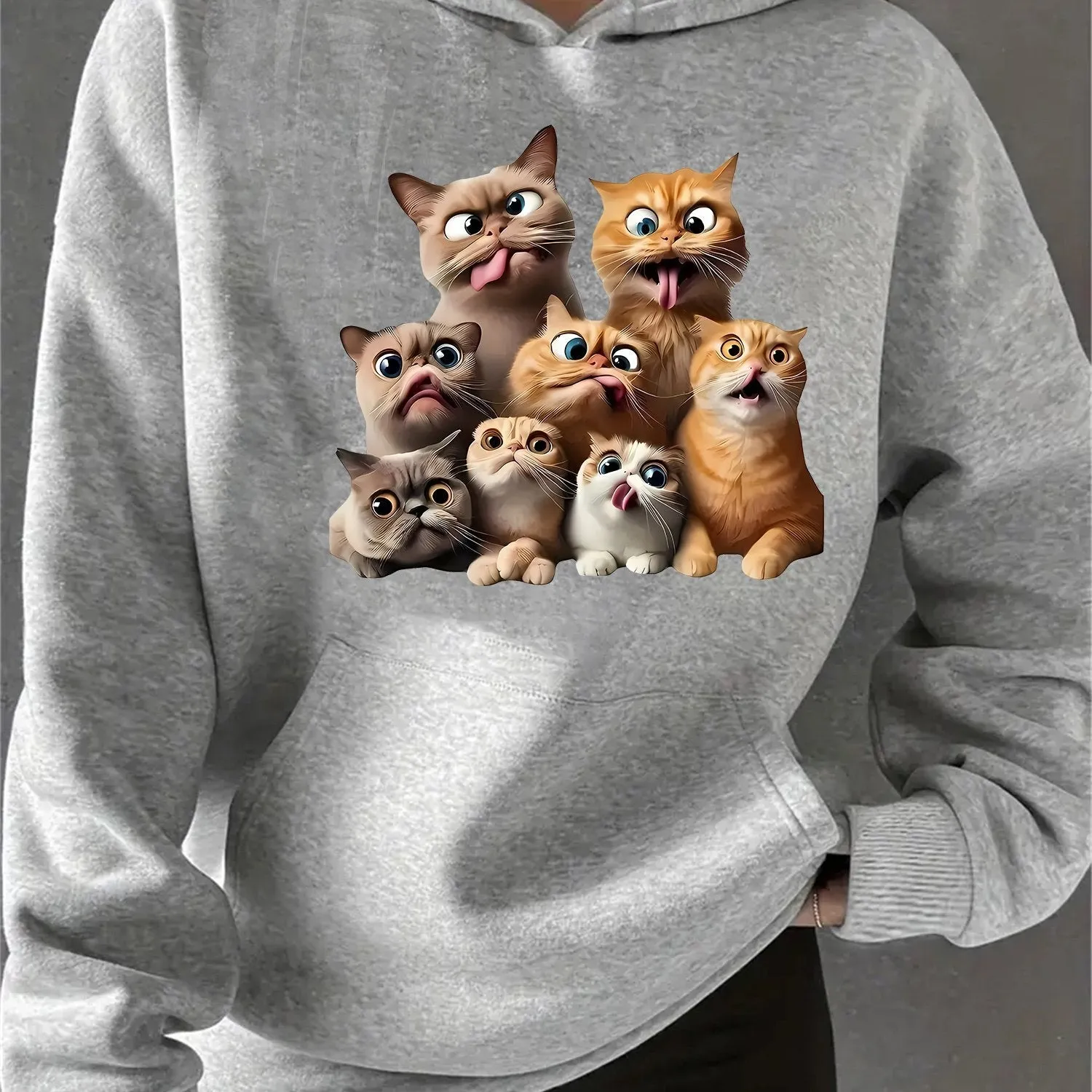 Women'S Funny Cat Print Hoodie, Casual Sports Pullover Sweatshirt, All-Season Polyester Knit, Stretchy Fabric, Animal Pattern, Relaxed Fit, Fashionable Leisurewear