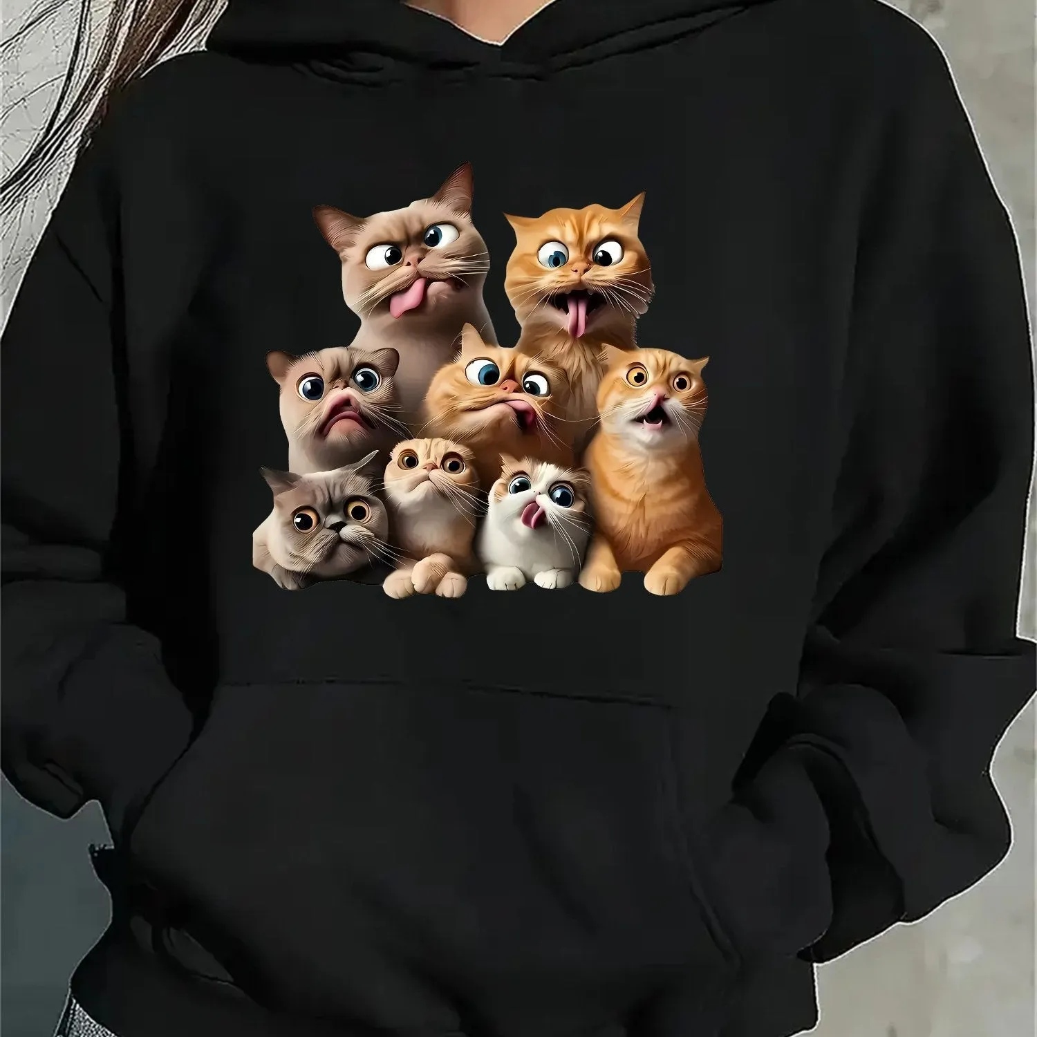 Women'S Funny Cat Print Hoodie, Casual Sports Pullover Sweatshirt, All-Season Polyester Knit, Stretchy Fabric, Animal Pattern, Relaxed Fit, Fashionable Leisurewear
