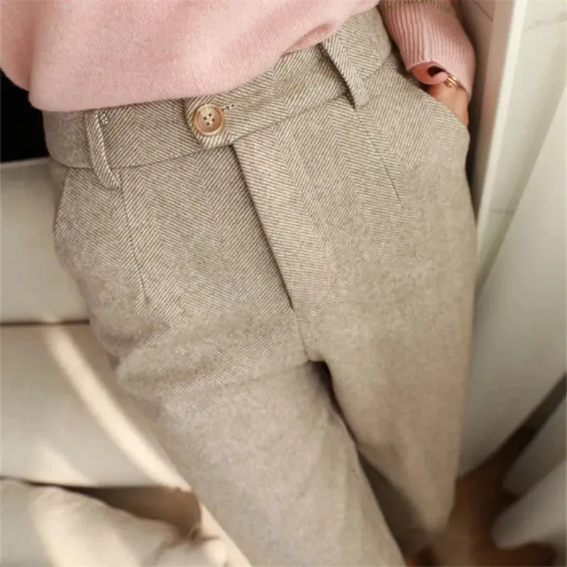 Womens High-Waisted Wool Blend Trousers-Tailored Fit