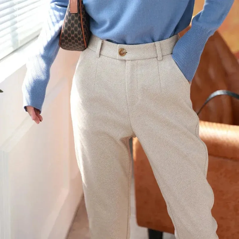Womens High-Waisted Wool Blend Trousers-Tailored Fit