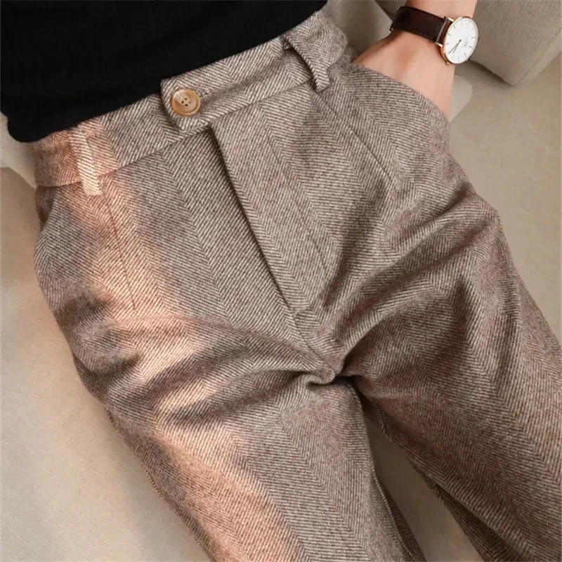 Womens High-Waisted Wool Blend Trousers-Tailored Fit
