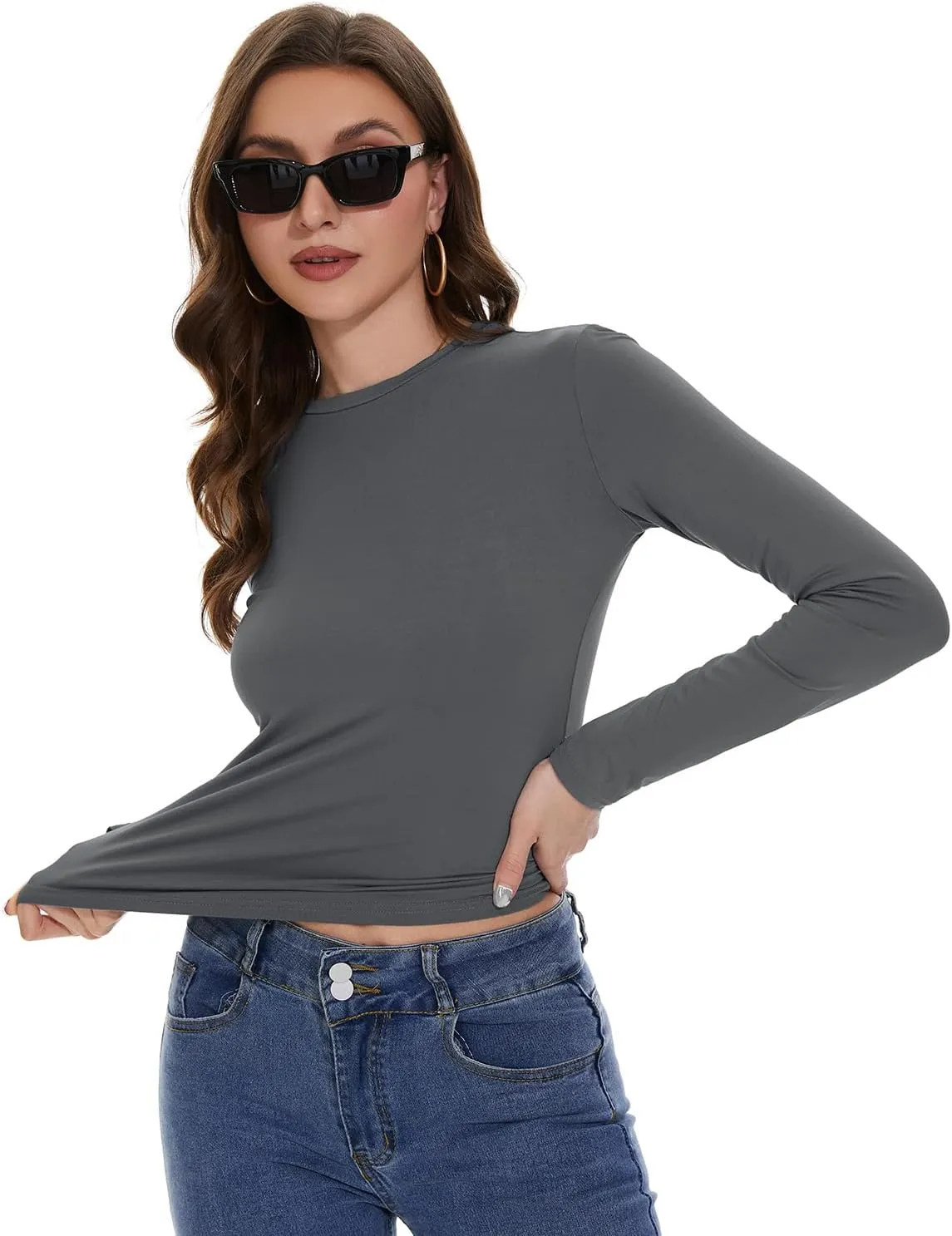 Womens Long Sleeve Shirts Basic Tees Y2k Slim Fit T Shirt Crew Neck Trendy Crop Top Casual