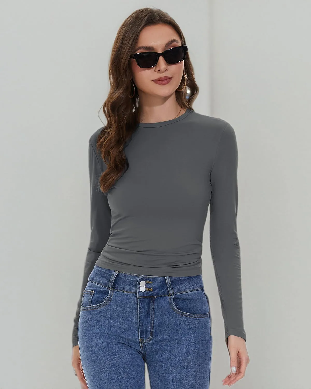 Womens Long Sleeve Shirts Basic Tees Y2k Slim Fit T Shirt Crew Neck Trendy Crop Top Casual