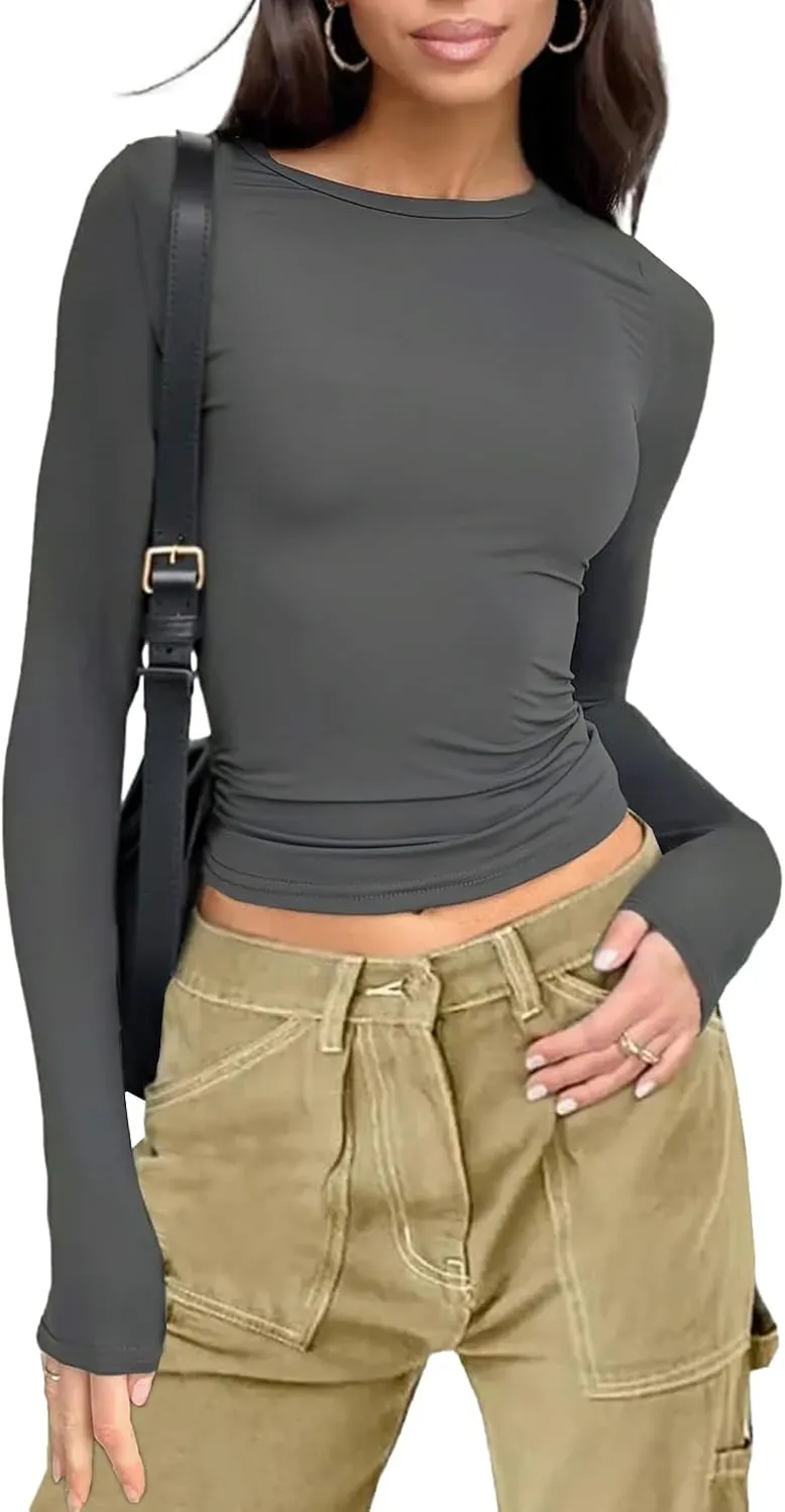 Womens Long Sleeve Shirts Basic Tees Y2k Slim Fit T Shirt Crew Neck Trendy Crop Top Casual