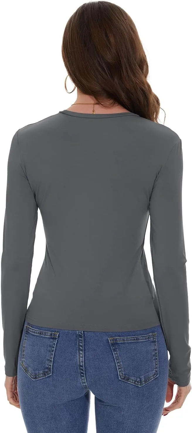 Womens Long Sleeve Shirts Basic Tees Y2k Slim Fit T Shirt Crew Neck Trendy Crop Top Casual