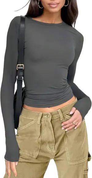 Womens Long Sleeve Shirts Basic Tees Y2k Slim Fit T Shirt Crew Neck Trendy Crop Top Casual