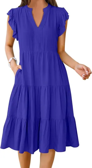 Womens Summer Casual Maxi Dress Ruffle Sleeve V Neck Midi Dresses Flowy Tiered A-Line Boho Beach Vacation Sundress