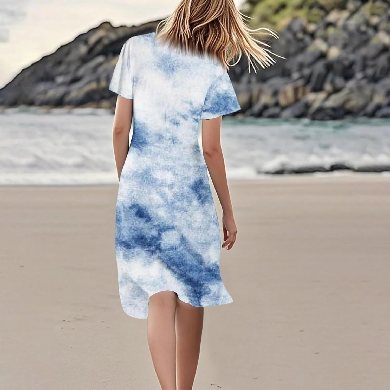 Women's Summer Dresses 2025 Short Sleeve Casual Midi Dresses V-Neck Floral Beach Vacation Party Dress