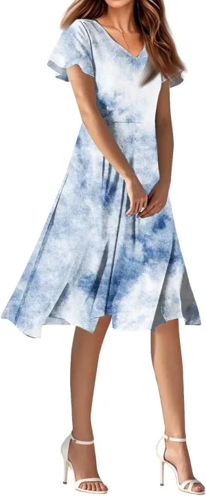 Women's Summer Dresses 2025 Short Sleeve Casual Midi Dresses V-Neck Floral Beach Vacation Party Dress