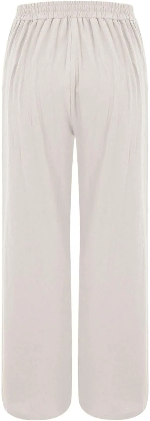 Women's Summer Linen Palazzo Pants Casual Lightweight Straight Wide Leg Trousers Elastic Band Plain Joggers Comfy Yoga Pants