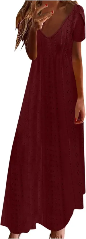 Women's Summer Maxi Dress Trendy Eyelet Embroidery Petal Sleeve Beach Dresses Ladies Casual A-Line Flowy Long Dress
