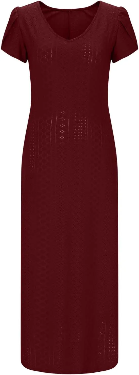Women's Summer Maxi Dress Trendy Eyelet Embroidery Petal Sleeve Beach Dresses Ladies Casual A-Line Flowy Long Dress
