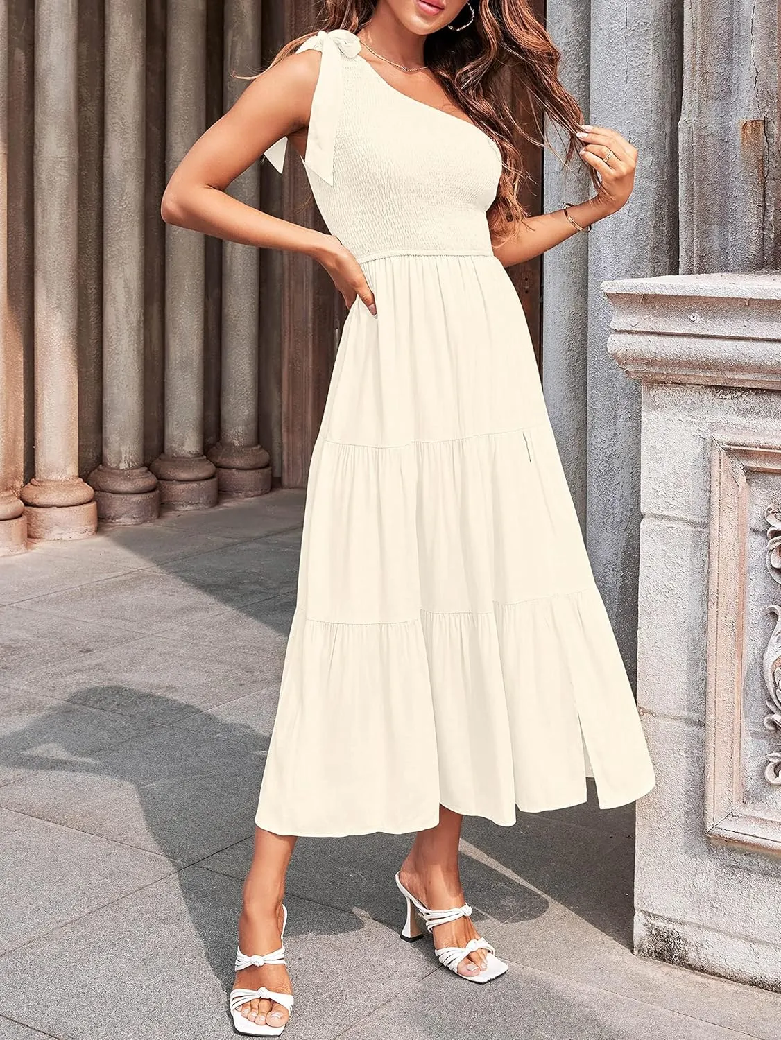 Women's Summer One Shoulder Dress Sleeveless Knot Smocked High Waist Midi Dress Side Split Ruffle Hem Flowy Maxi Dress