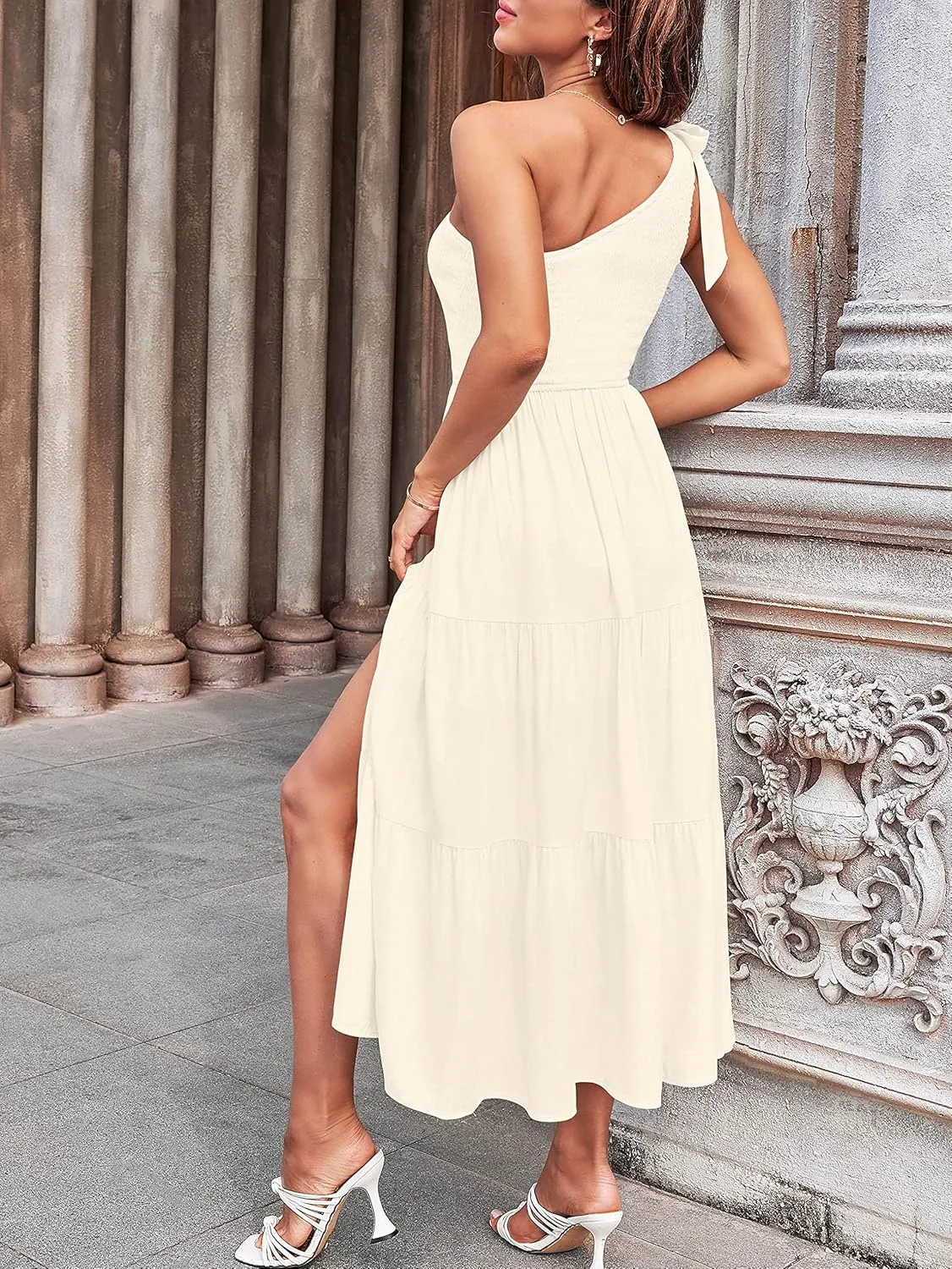 Women's Summer One Shoulder Dress Sleeveless Knot Smocked High Waist Midi Dress Side Split Ruffle Hem Flowy Maxi Dress