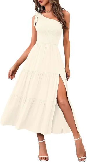 Women's Summer One Shoulder Dress Sleeveless Knot Smocked High Waist Midi Dress Side Split Ruffle Hem Flowy Maxi Dress