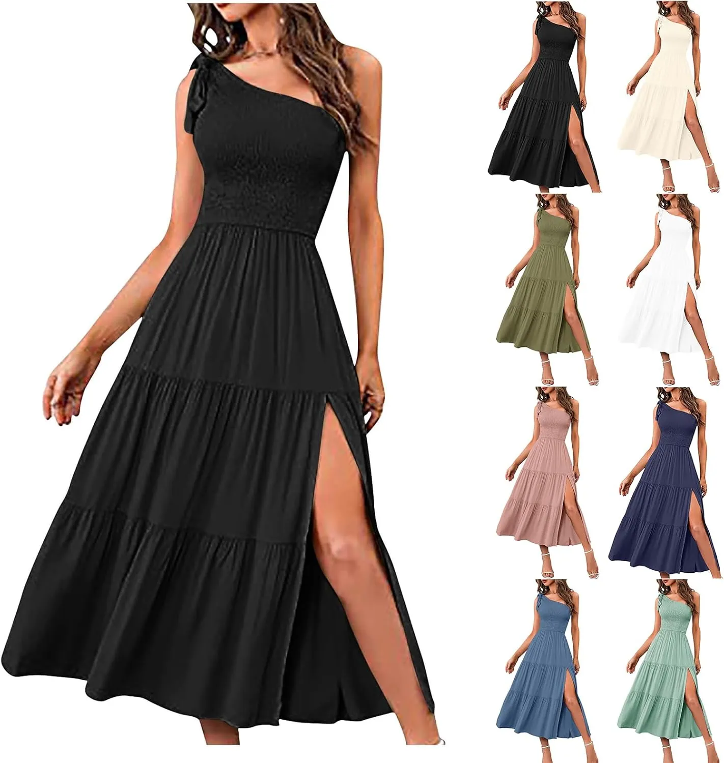 Women's Summer One Shoulder Dress Sleeveless Knot Smocked High Waist Midi Dress Side Split Ruffle Hem Flowy Maxi Dress