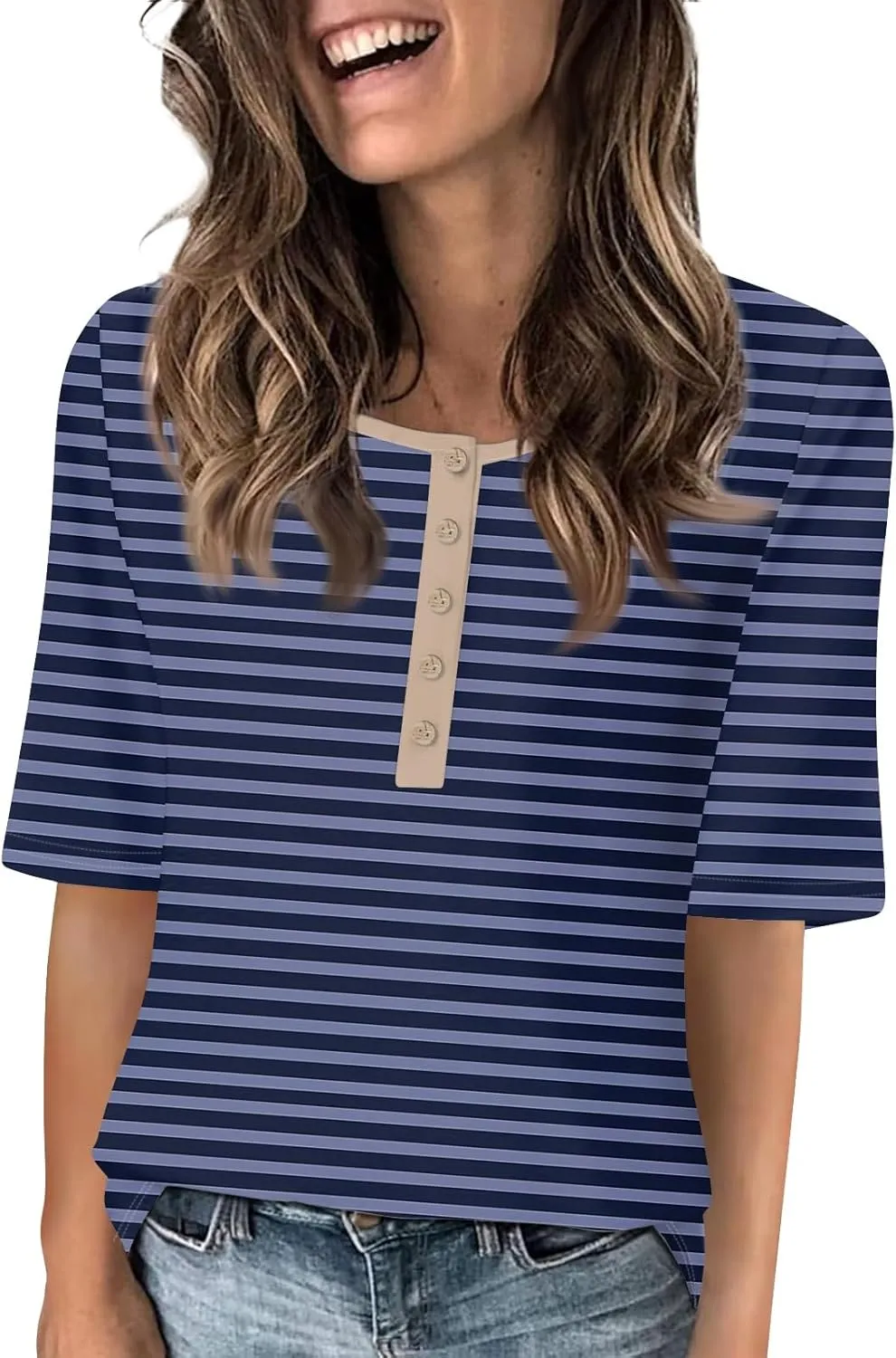 Womens Summer Tops Elbow Sleeve Tops Women Button Down T Shirts Scoop Neck Striped Floral Blouses Dressy Casual
